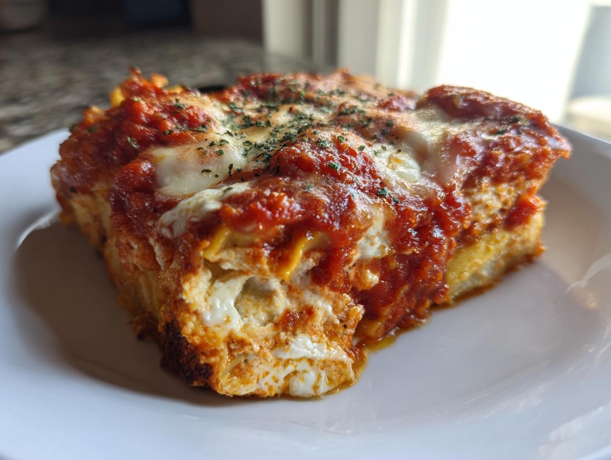A thick, cheesy slice of crockpot ravioli lasagna topped with rich tomato sauce and herbs on a white plate.
