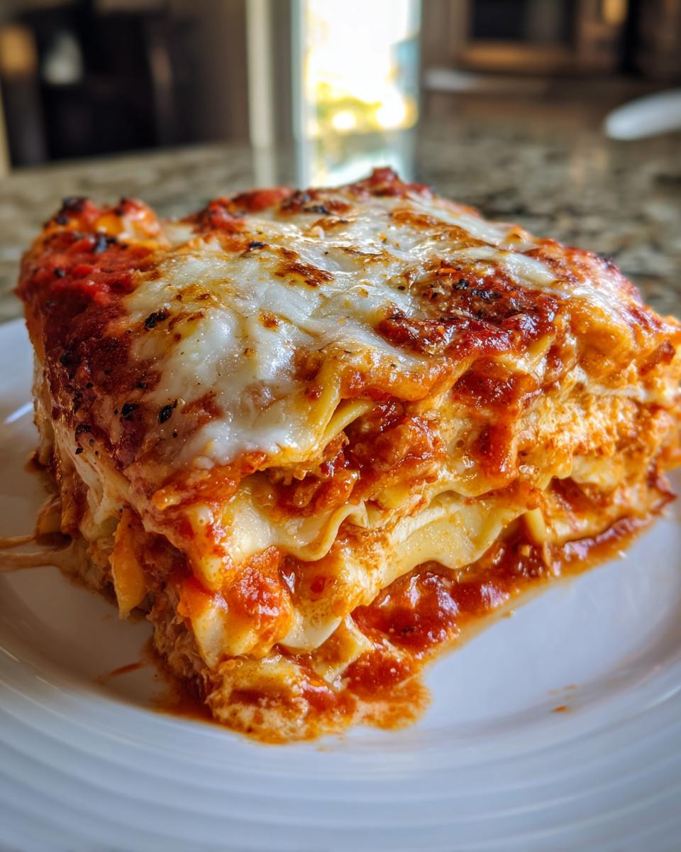 A close-up of a thick, layered slice of crockpot ravioli lasagna topped with melted, slightly browned cheese and rich tomato sauce.