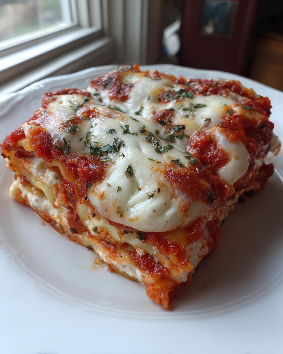 A close-up of a square serving of crockpot ravioli lasagna topped with melted mozzarella and herbs on a white plate.