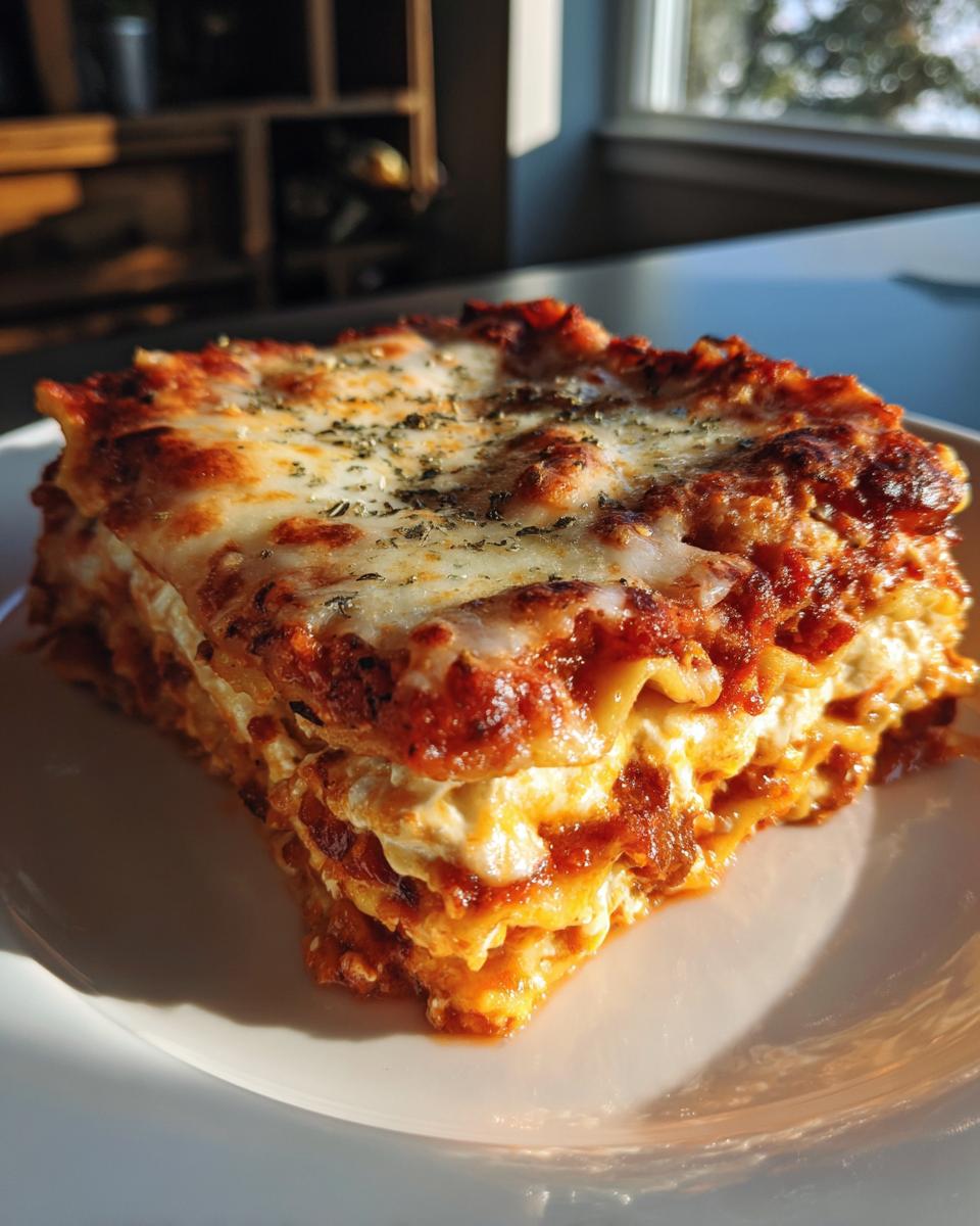 A thick, cheesy slice of crockpot ravioli lasagna topped with melted cheese and herbs, served on a white plate.