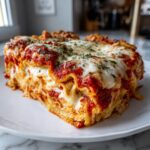 A thick, cheesy slice of crockpot ravioli lasagna topped with marinara sauce and parsley.