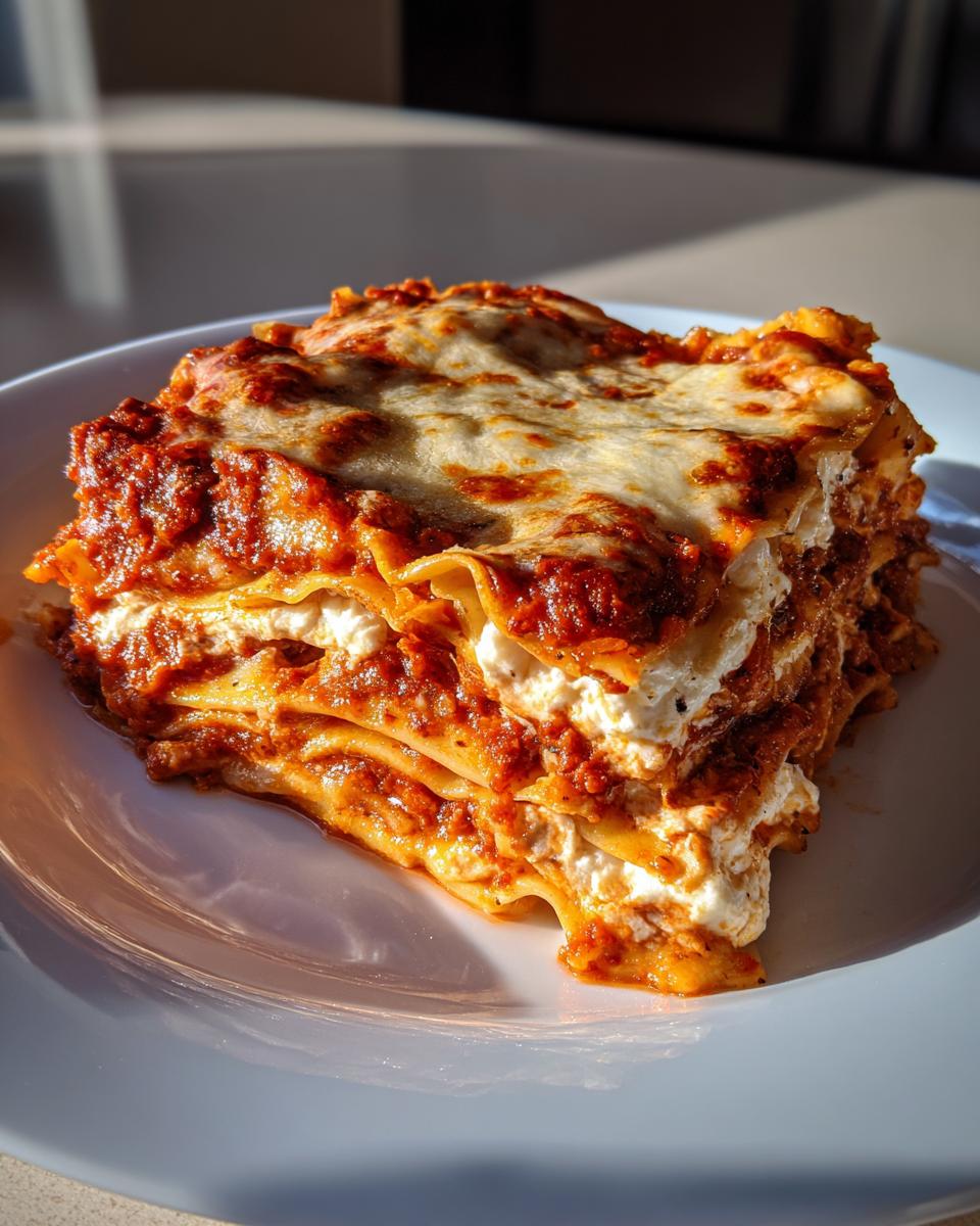A thick, layered slice of crockpot ravioli lasagna covered in rich red sauce and melted cheese on a white plate.