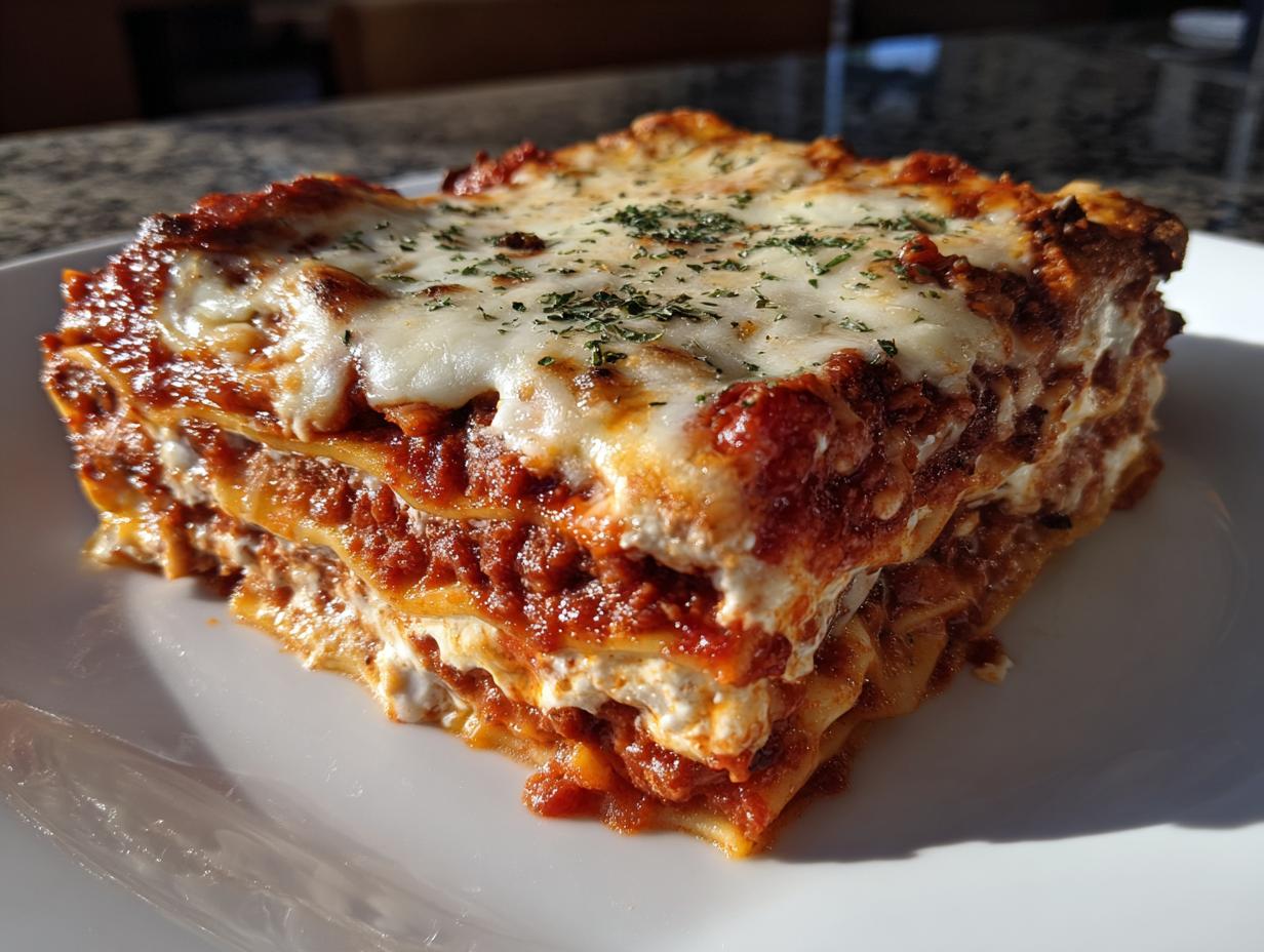 A thick, layered slice of crockpot ravioli lasagna topped with melted mozzarella and parsley on a white plate.