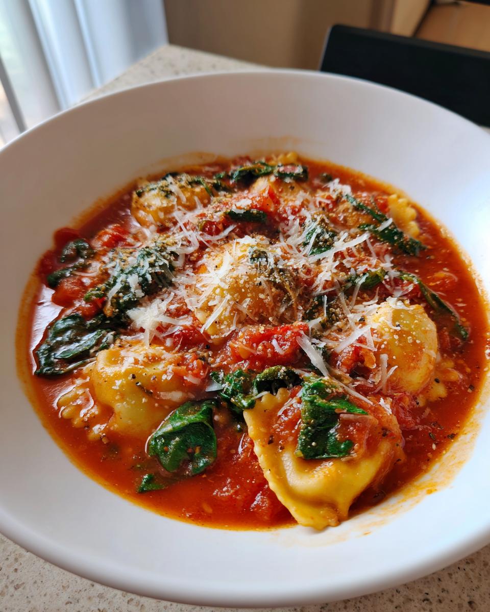 A close-up of a bowl of crockpot ravioli lasagna soup, featuring large ravioli in a rich tomato broth with spinach and grated Parmesan cheese.