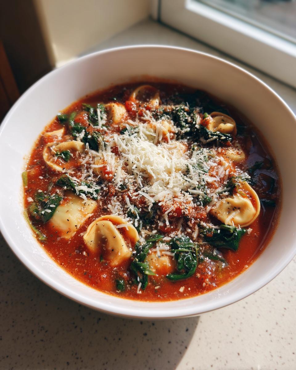 A close-up of a white bowl filled with crockpot ravioli lasagna soup, topped generously with shredded Parmesan cheese.