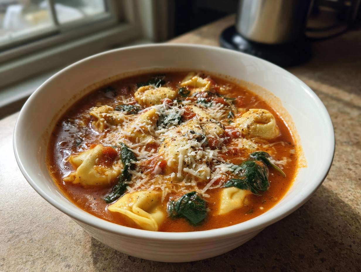 Close-up of a white bowl filled with crockpot ravioli lasagna soup, topped with spinach, tomato sauce, and grated Parmesan cheese.