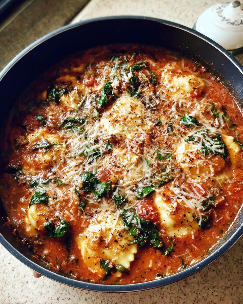 Close-up overhead view of cheesy crockpot ravioli lasagna soup simmering in a dark pot, topped with spinach and Parmesan.