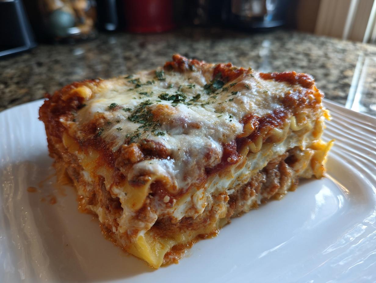 A generous, layered slice of crockpot ravioli lasagna with ricotta, topped with melted cheese and parsley.