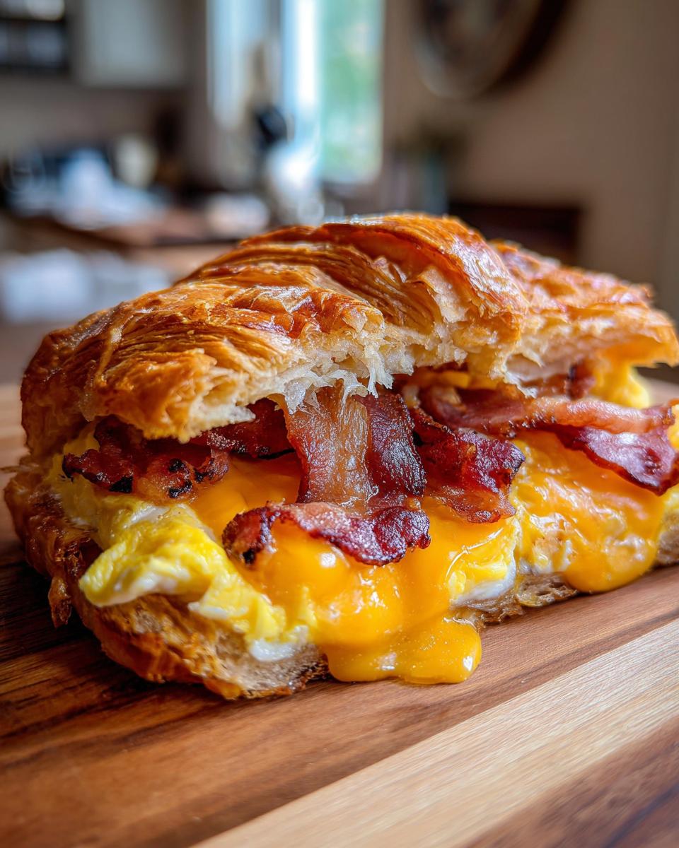 Close-up of a delicious croissant breakfast sandwiches filled with fluffy eggs, melted cheddar cheese, and crispy bacon.