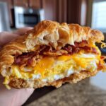 A hand holding a delicious croissant breakfast sandwiches cut in half, showing layers of flaky pastry, melted cheese, egg, and crispy bacon.