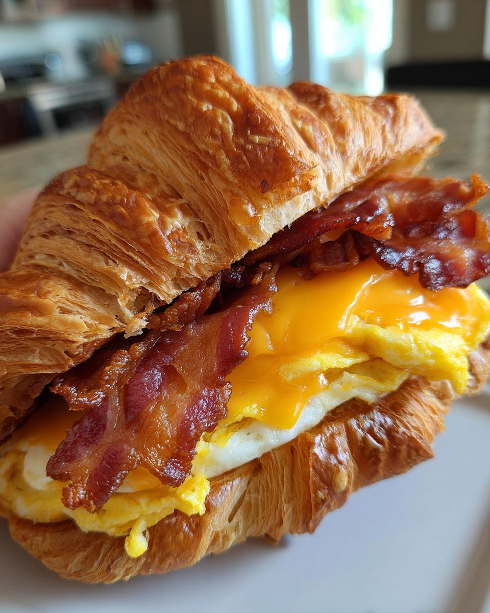 Close-up of a delicious croissant breakfast sandwiches filled with fluffy egg, melted cheese, and crispy bacon.