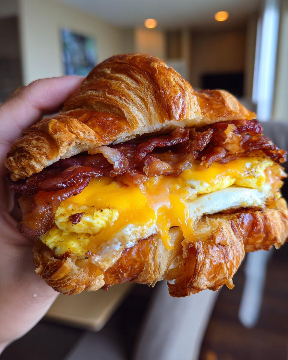 A close-up of a delicious croissant breakfast sandwich filled with scrambled egg, melted cheddar cheese, and crispy bacon.