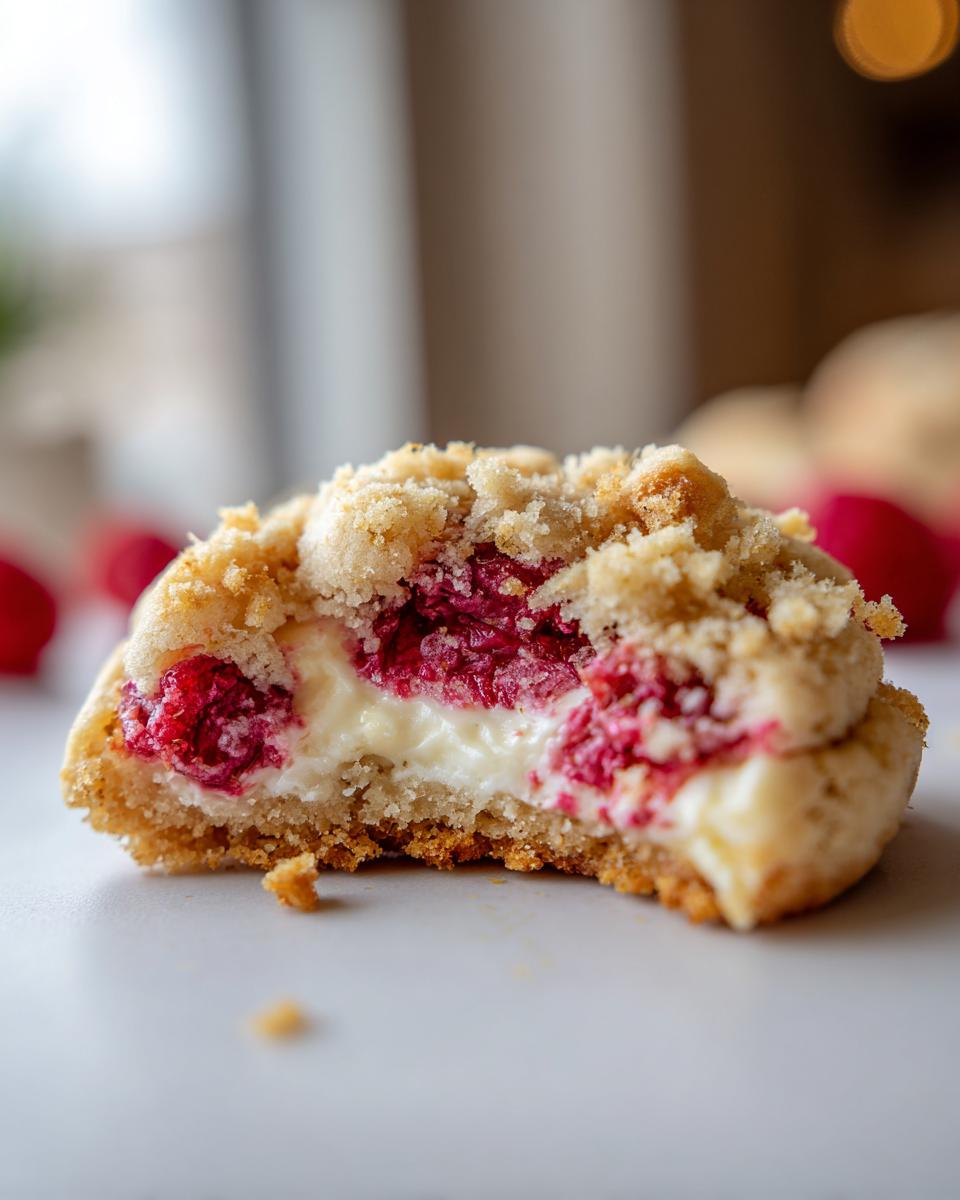 Close-up of a crumbl raspberry cheesecake cookie cut in half showing creamy filling and raspberry swirl.