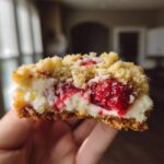 Close-up of a handheld piece of a crumbl raspberry cheesecake cookies showing the graham crust, creamy filling, and raspberry swirl.