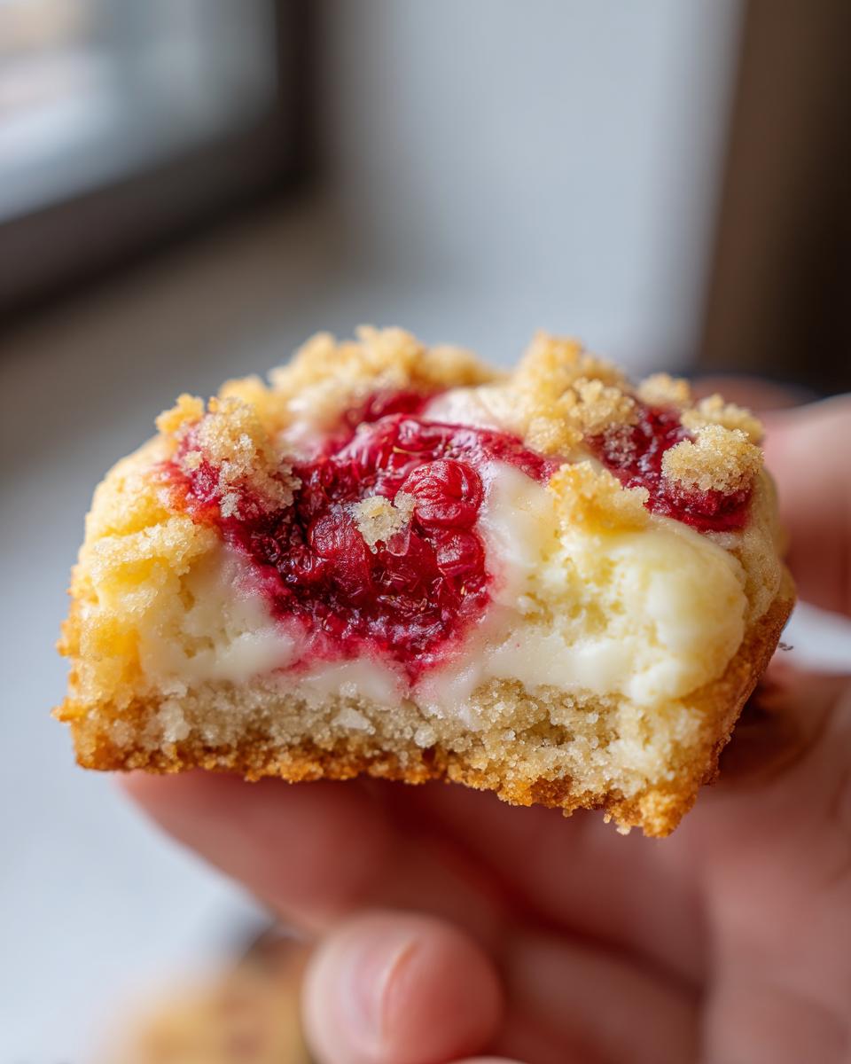 Close-up of a hand holding a cross-section of a crumbl raspberry cheesecake cookie showing the soft base, creamy filling, and raspberry swirl.