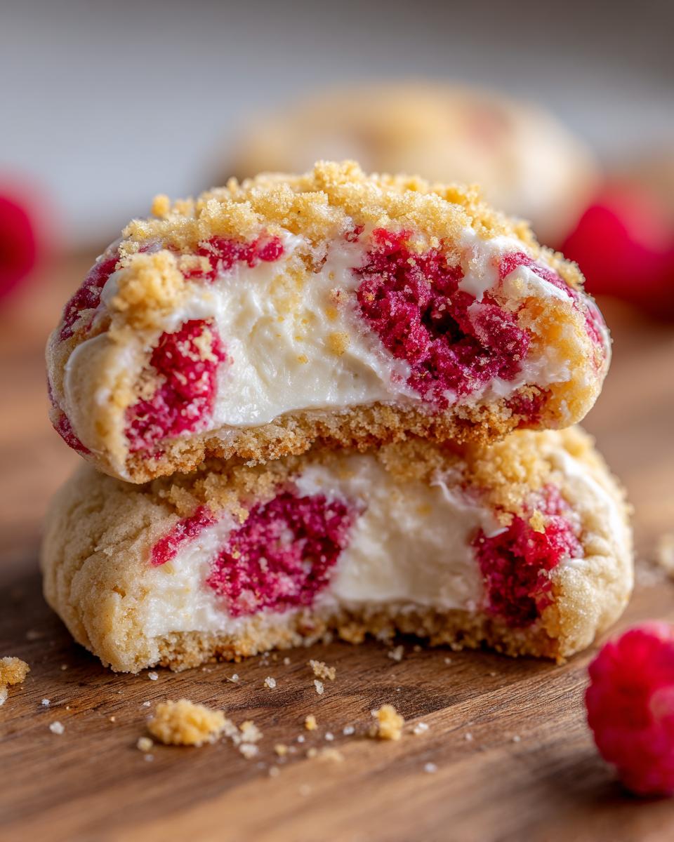 Two halves of a Crumbl Raspberry Cheesecake Cookie stacked, showing the creamy filling and bright red raspberries inside.
