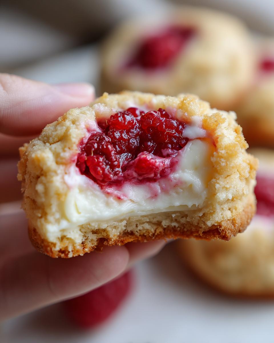 A hand holding a bitten Crumbl raspberry cheesecake cookie, showing the creamy cheesecake filling and bright red raspberries inside.