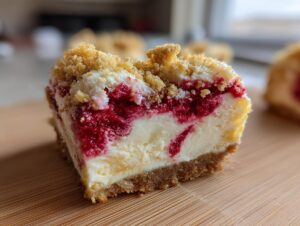 A close-up cross-section of a rich, creamy cheesecake square with a raspberry swirl and crumb topping, resembling the Crumbl raspberry cheesecake cookies.