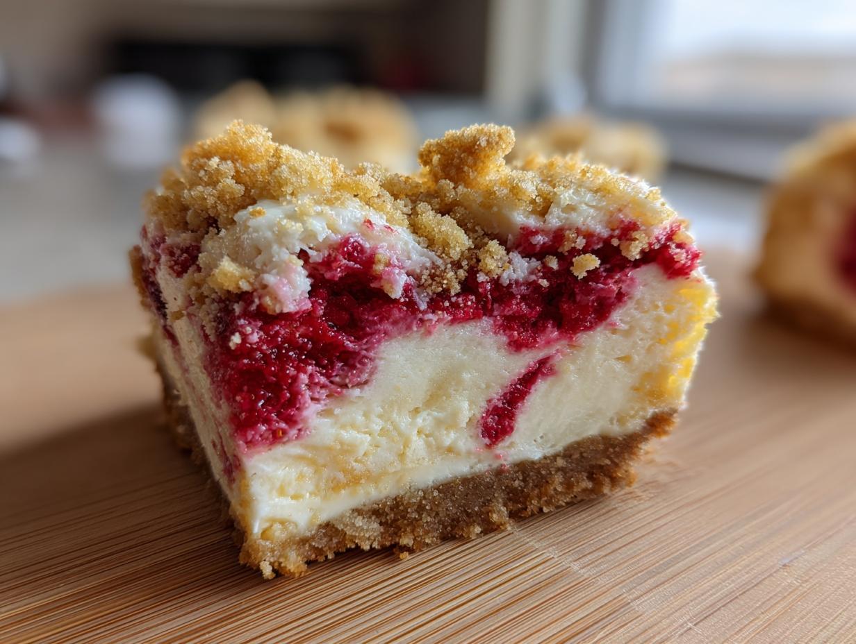 A close-up cross-section of a rich, creamy cheesecake square with a raspberry swirl and crumb topping, resembling the Crumbl raspberry cheesecake cookies.