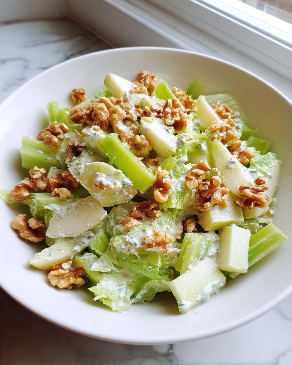 A bowl of fresh celery salad mixed with apple chunks, walnuts, and a creamy blue cheese dressing.