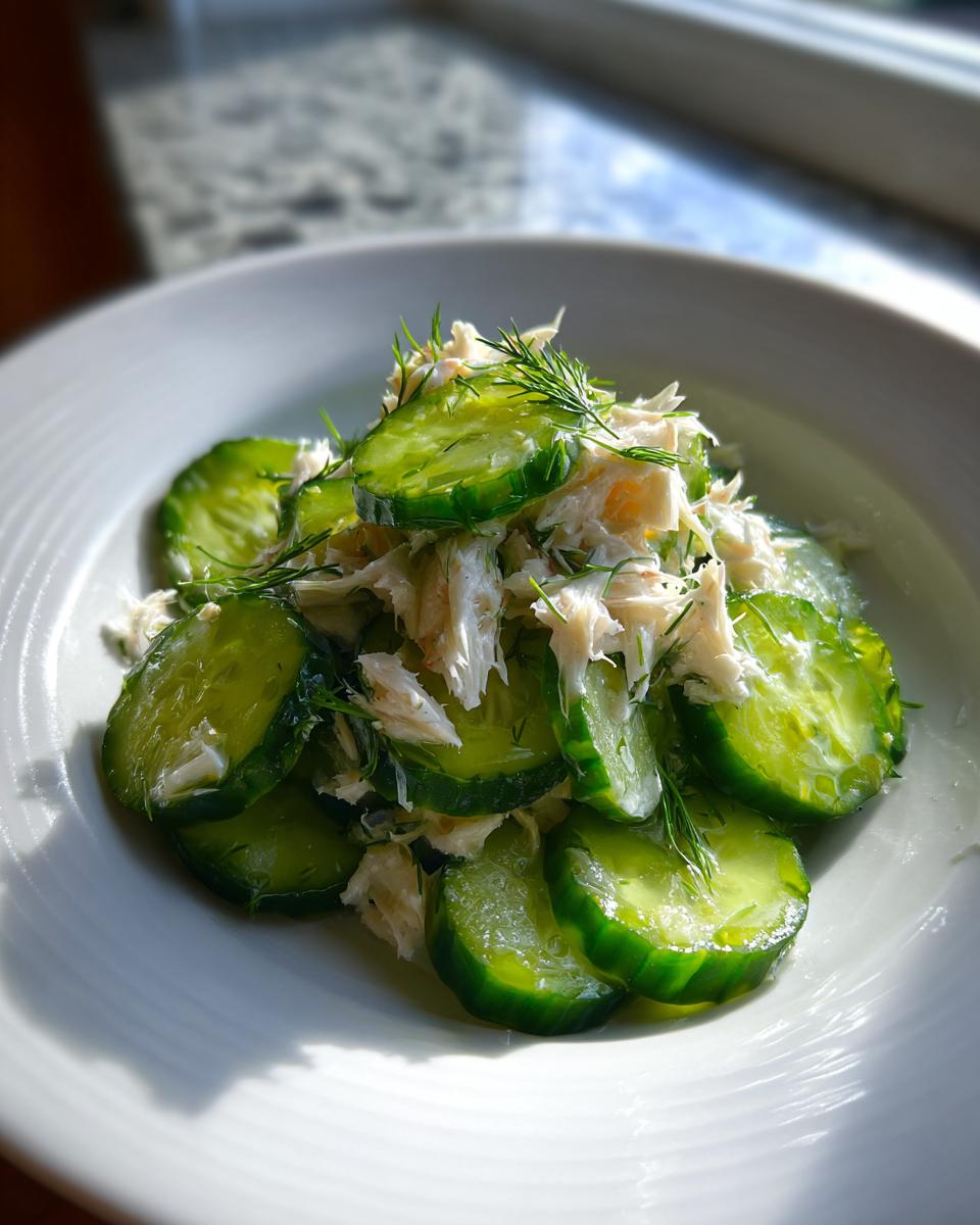 Close-up of a refreshing cucumber salad with crab meat and fresh dill served on a white plate.