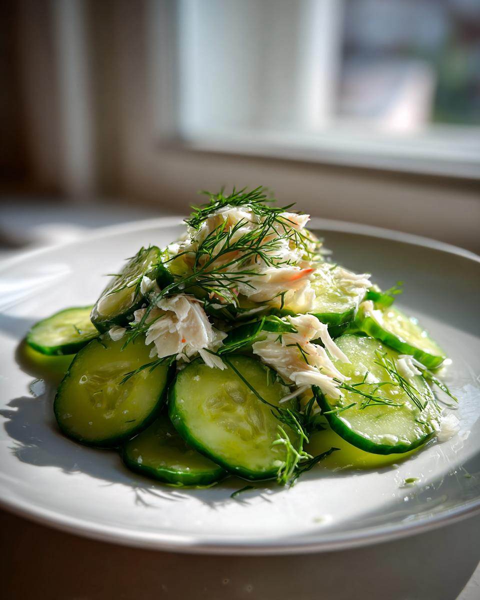 Close-up of a refreshing cucumber salad with crab meat and fresh dill, served on a white plate.