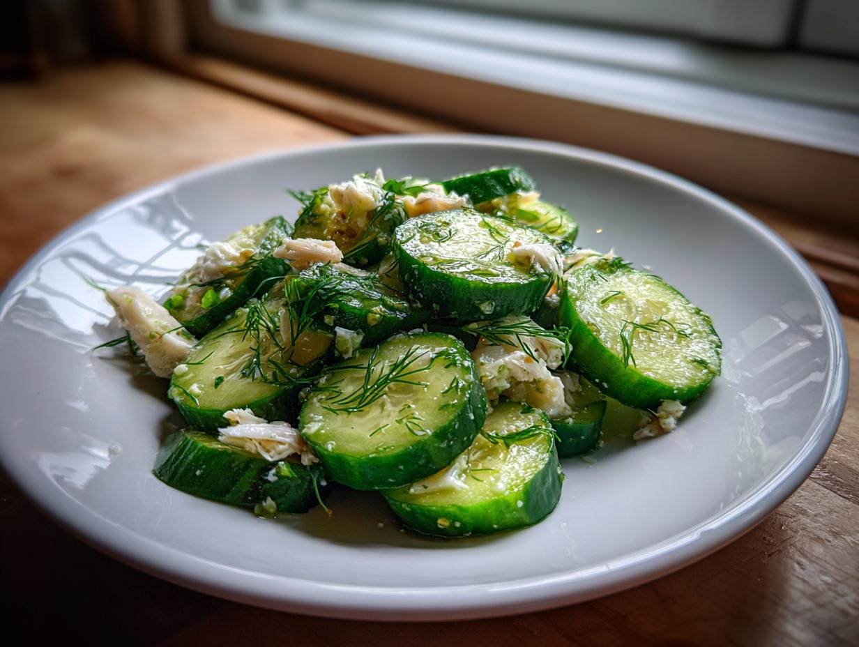 Close-up of a refreshing cucumber salad with crab meat and fresh dill served on a white plate.