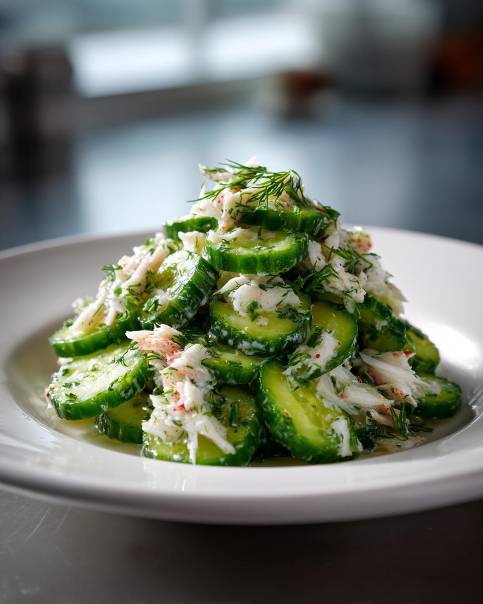 A beautifully plated cucumber salad with crab meat, sliced cucumbers, and fresh dill, showcasing the amazing cucumber salad with crab meat.