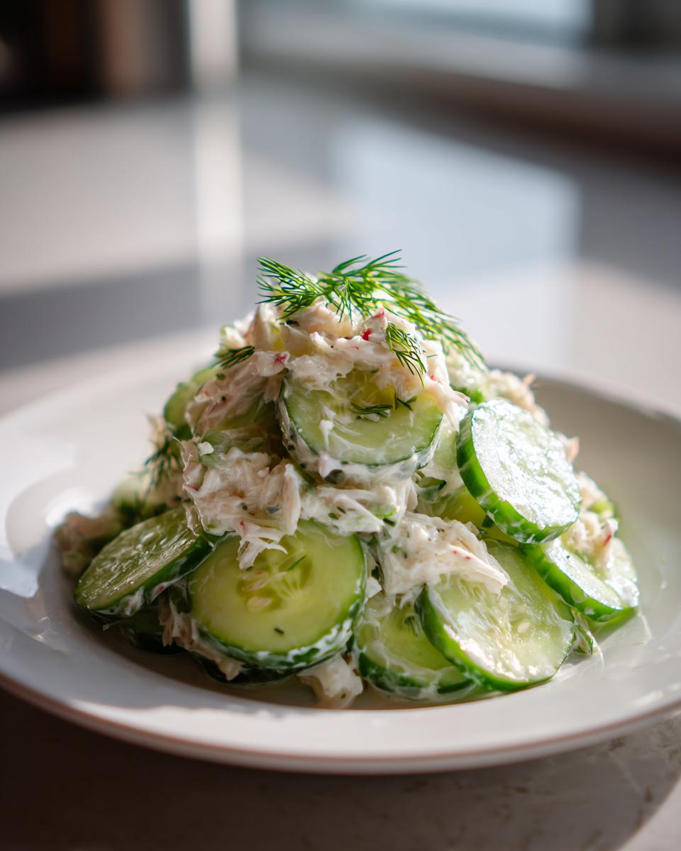 A mound of creamy cucumber salad with crab meat, garnished with fresh dill, served on a white plate.