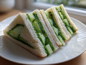 Four triangular slices of delicate cucumber sandwiches, showing layers of cucumber and green spread on white bread.