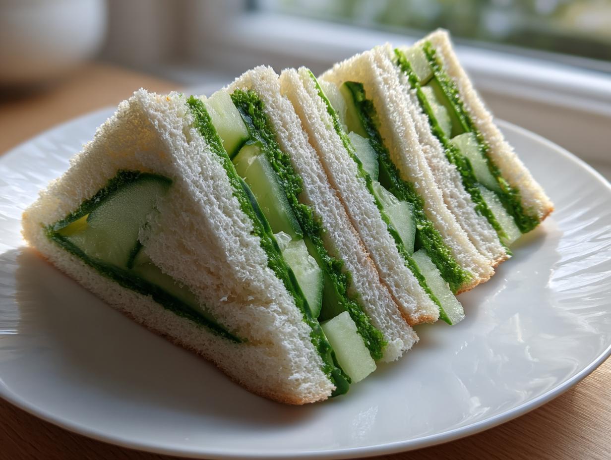 Four triangular slices of delicate cucumber sandwiches, showing layers of cucumber and green spread on white bread.
