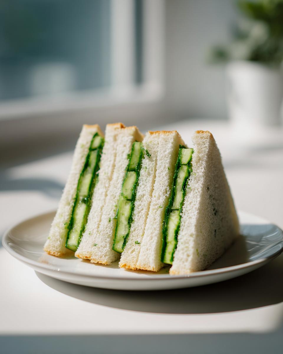 Four triangular halves of delicate cucumber sandwiches stacked on a white plate, showing layers of fresh cucumber slices.