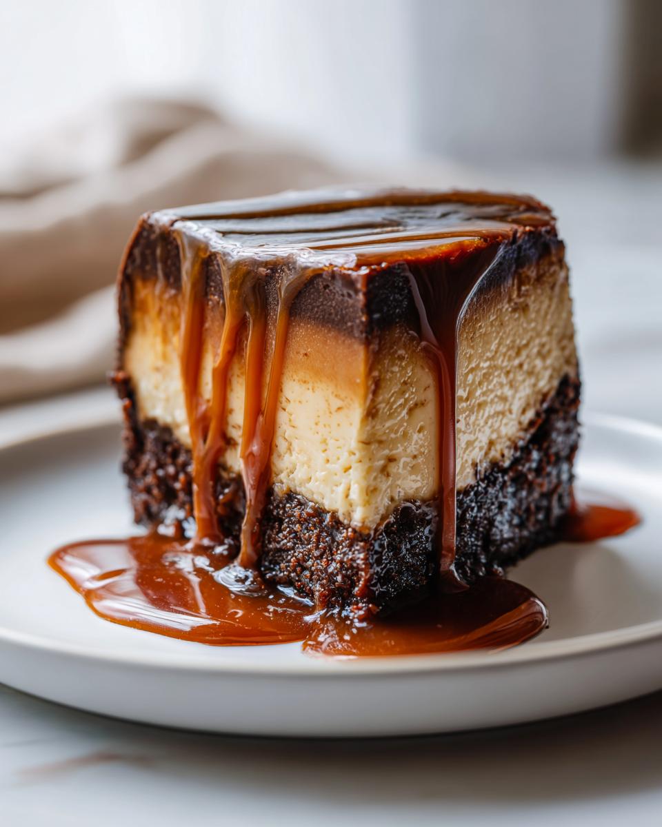 A rich slice of chocoflan featuring a dark chocolate cake base, creamy flan center, and dripping caramel sauce.