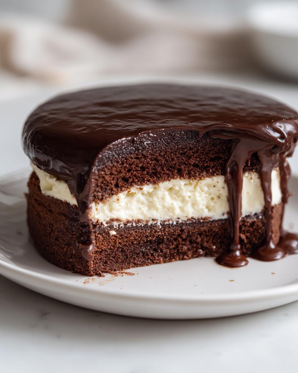 A slice of homemade ding dong cake showing dark chocolate layers and a thick white cream filling, topped with dripping chocolate ganache.