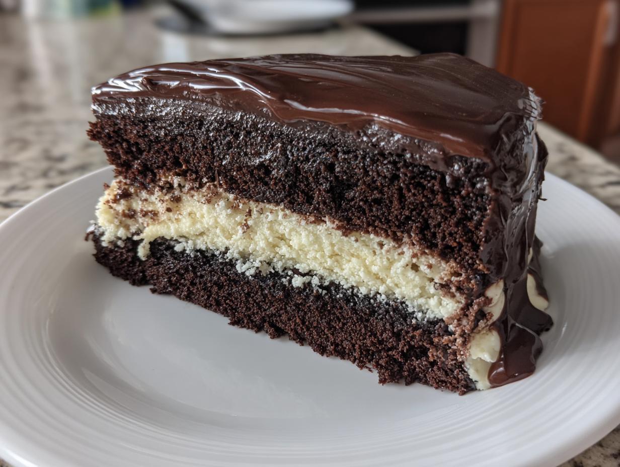 A thick slice of moist ding dong cake showing dark chocolate layers and a white cream filling, topped with glossy chocolate ganache.