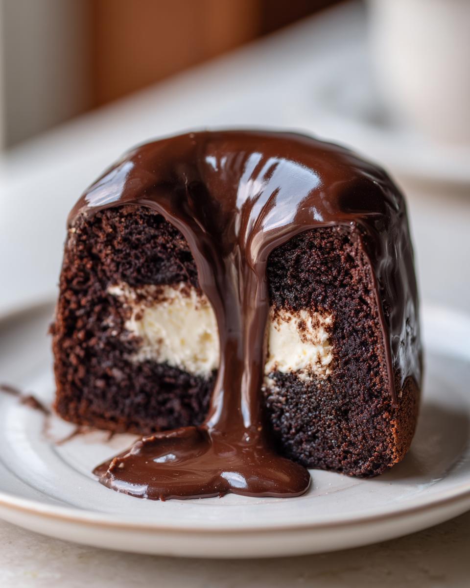 A decadent slice of ding dong cake featuring dark chocolate layers, white cream filling, and dripping chocolate ganache.