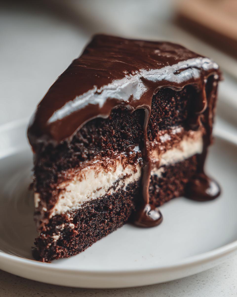 Close-up of a moist slice of ding dong cake featuring dark chocolate layers and white cream filling, topped with dripping chocolate ganache.