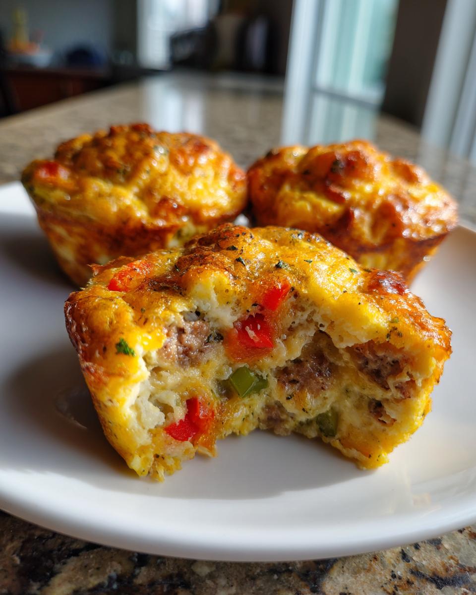 A close-up view of three easy breakfast egg muffins on a white plate, one showing a bite taken out revealing sausage, red and green peppers.
