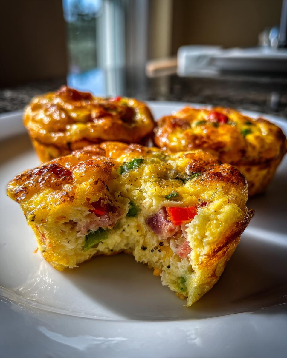 Close-up of one of the easy breakfast egg muffins with a bite taken out, showing ham and peppers inside.