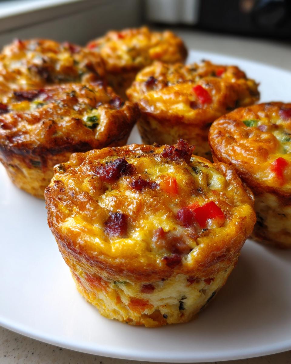 Close-up of several golden brown easy breakfast egg muffins filled with peppers and meat on a white plate.