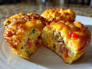 Close-up of easy breakfast egg muffins, one cut in half showing sausage, peppers, and fluffy egg texture.