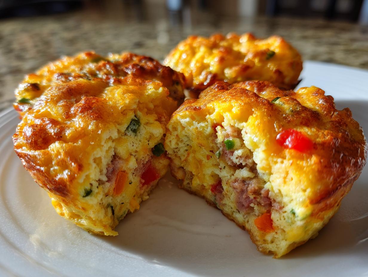 Close-up of easy breakfast egg muffins, one cut in half showing sausage, peppers, and fluffy egg texture.
