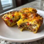 A close-up view of three easy breakfast egg muffins on a white plate, one bitten into showing sausage, cheese, and peppers inside.