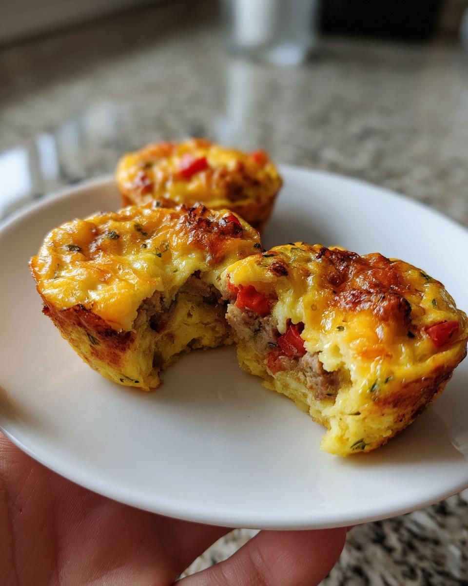 A hand holds a plate with one of the easy breakfast egg muffins broken in half, revealing sausage and red pepper filling.