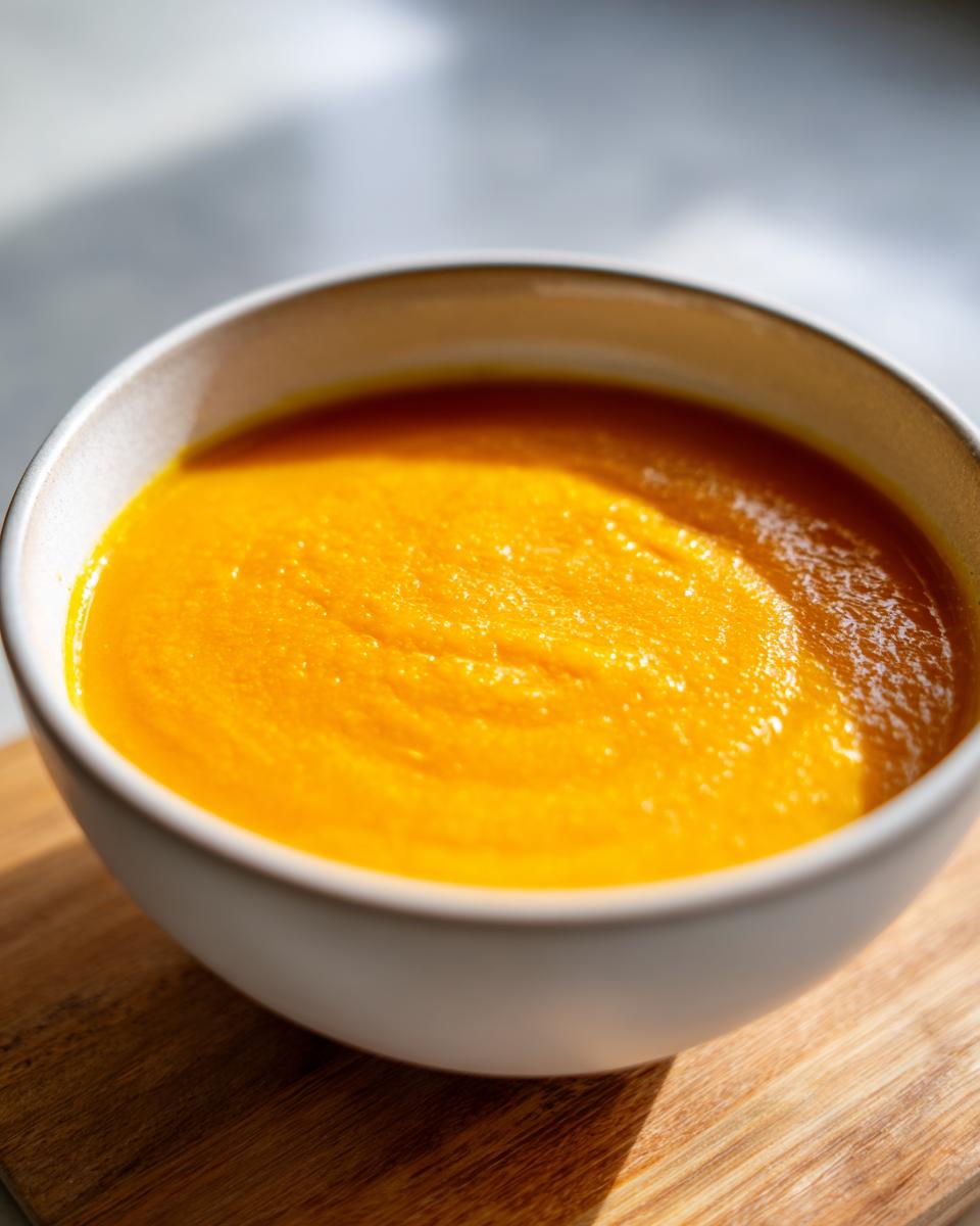 Close-up of a creamy, bright orange bowl of easy butternut squash soup sitting on a wooden board.
