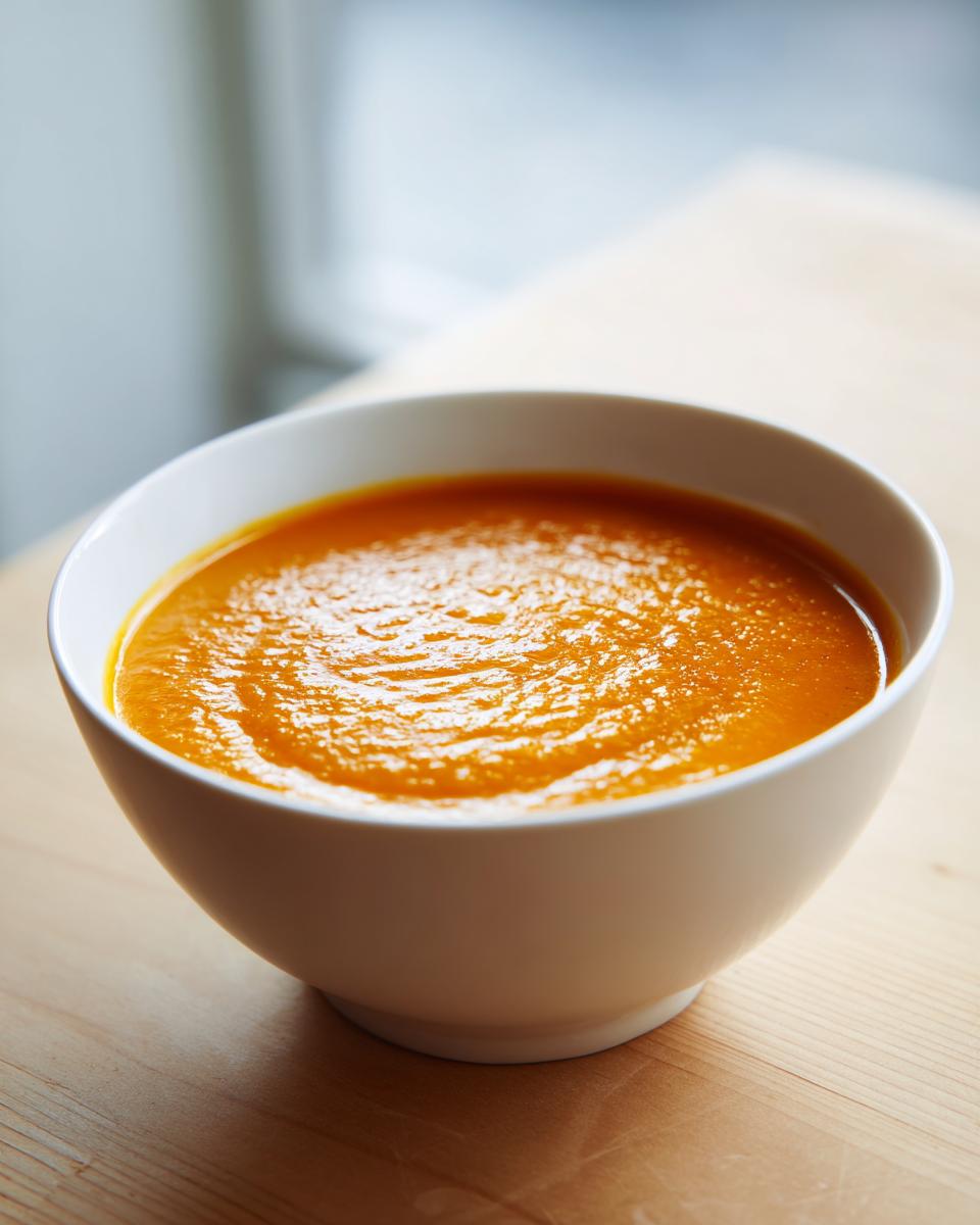 A close-up of a white bowl filled with vibrant orange, creamy easy butternut squash soup.