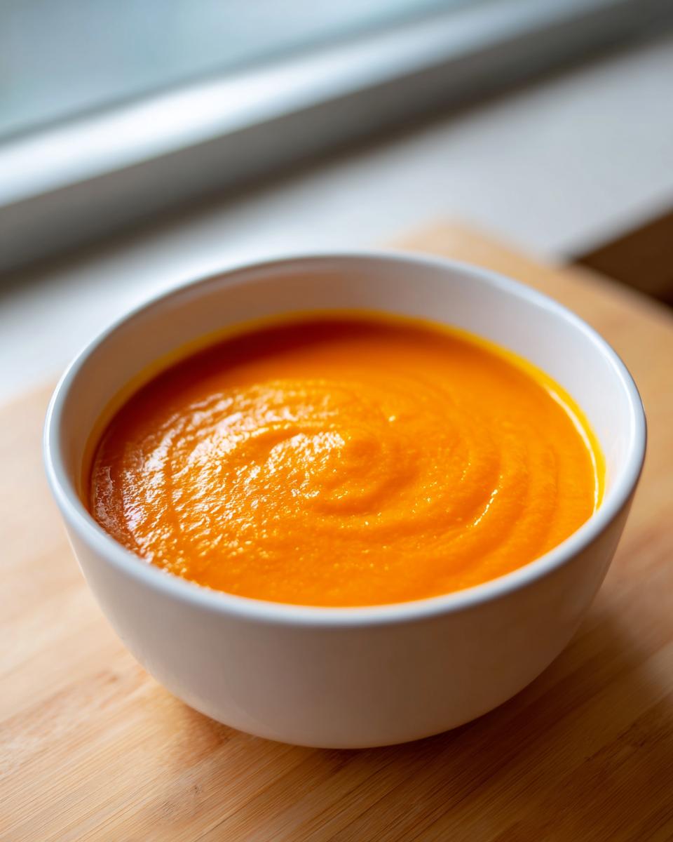 Close-up of a white bowl filled with vibrant orange, creamy easy butternut squash soup.