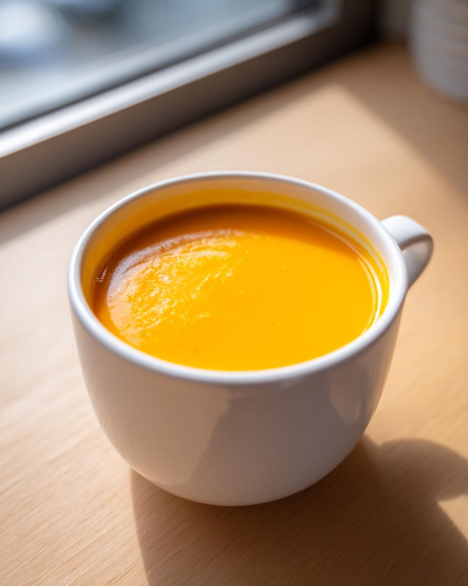 A close-up of vibrant, creamy easy butternut squash soup served in a white mug on a light wooden surface near a window.