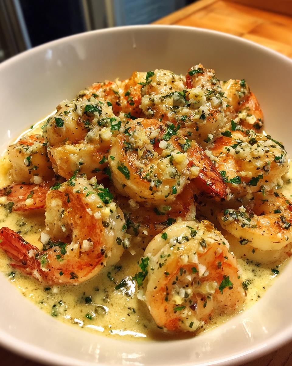 A close-up of cooked shrimp generously coated in a creamy garlic butter sauce and fresh parsley, ready to eat.