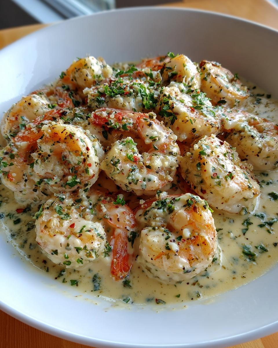 Close-up of shrimp coated in a rich, creamy garlic butter sauce and topped with fresh parsley.